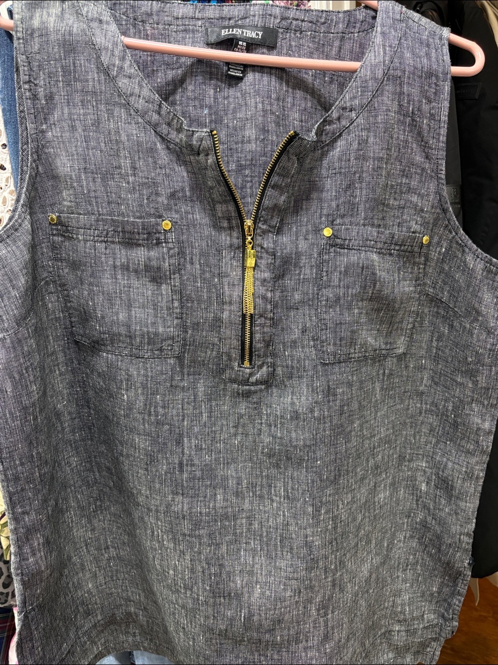 Ellen Tracy Sleeveless Chambray Tank with Gold Zip